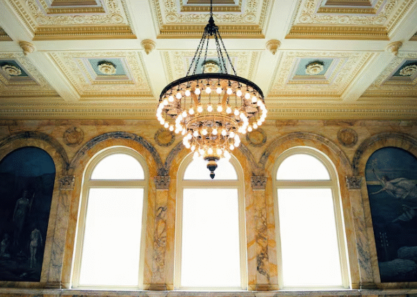 Rustic Ceiling Lamps and Black & Gold Bedside Lamps: Blending Warmth with Sophistication