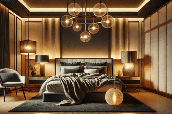 Creating Harmony with Rustic Ceiling Lamps and Black & Gold Bedside Lamps in Modern Spaces