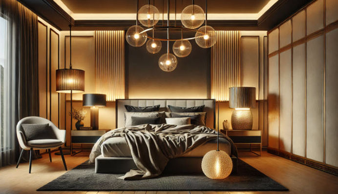 Creating Harmony with Rustic Ceiling Lamps and Black & Gold Bedside Lamps in Modern Spaces